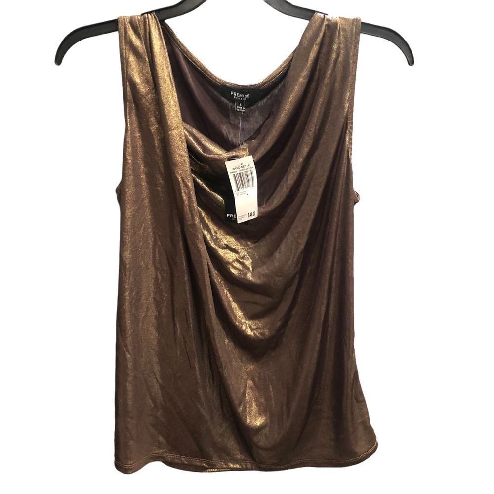 New Premise Studio Antoinette Bronze Gold Foil Dress Tank Top Blouse Large - Picture 7 of 7